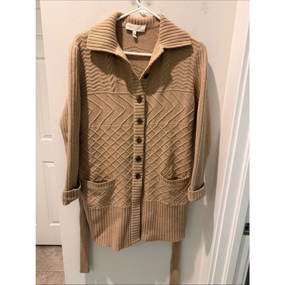 Escada Cashmere Silk blends Camel Tan Knit Button-Front Cardigan with Belt 38/S